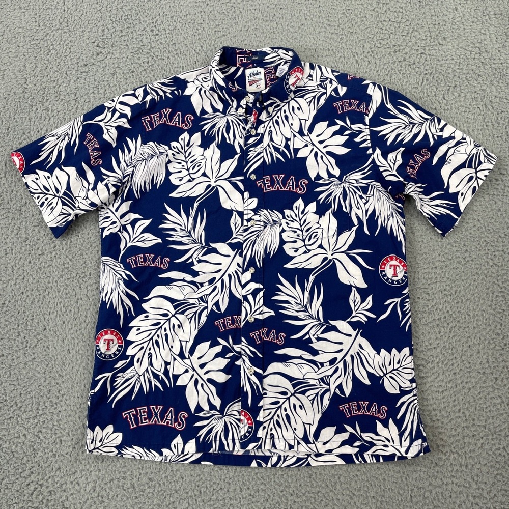Reyn Spooner Texas Rangers Shirt Mens L Blue Floral MLB Baseball Aloha Hawaiian